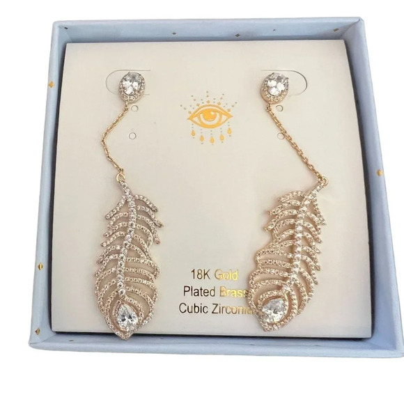 Eye Candy Los Angeles 18K Gold Plated CZ Peacock Feather Drop Earrings - Picture 4 of 6